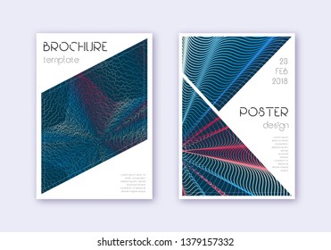 Triangle cover design template set. Red white blue abstract lines on dark background. Immaculate cover design. Delightful catalog, poster, book template etc.