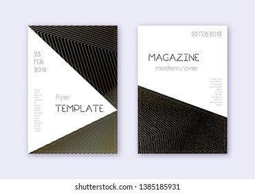 Triangle cover design template set. Gold abstract lines on black background. Impressive cover design. Artistic catalog, poster, book template etc.