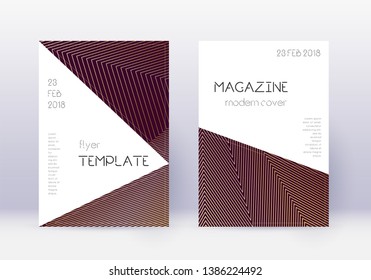 Triangle cover design template set. Gold abstract lines on maroon background. Impressive cover design. Emotional catalog, poster, book template etc.