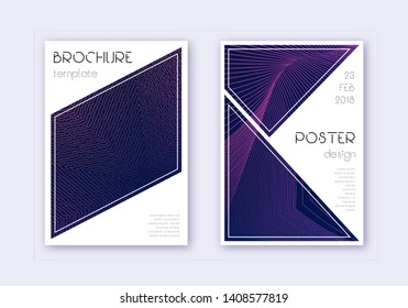 Triangle cover design template set. Violet abstract lines on dark background. Immaculate cover design. Lovely catalog, poster, book template etc.