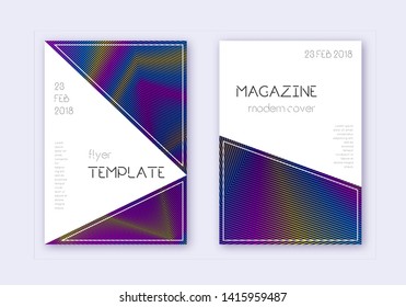 Triangle cover design template set. Rainbow abstract lines on dark blue background. Incredible cover design. Remarkable catalog, poster, book template etc.
