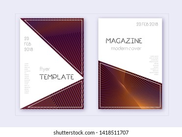 Triangle cover design template set. Orange abstract lines on wine red background. Incredible cover design. Fresh catalog, poster, book template etc.