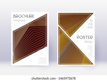 Triangle cover design template set. Gold abstract lines on maroon background. Great cover design. Tempting catalog, poster, book template etc.