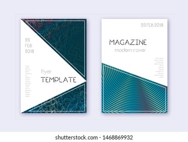 Triangle cover design template set. Red white blue abstract lines on dark background. Indelible cover design. Pleasing catalog, poster, book template etc.