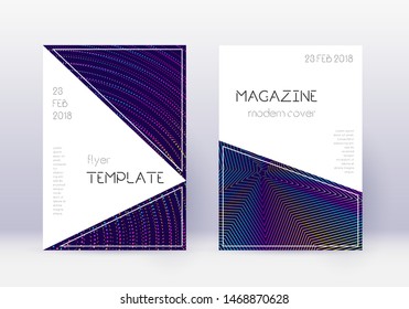 Triangle cover design template set. Rainbow abstract lines on dark blue background. Incredible cover design. Pretty catalog, poster, book template etc.