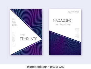 Triangle cover design template set. Neon abstract lines on dark blue background. Impressive cover design. Trending catalog, poster, book template etc.