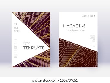 Triangle cover design template set. Gold abstract lines on maroon background. Impressive cover design. Cute catalog, poster, book template etc.