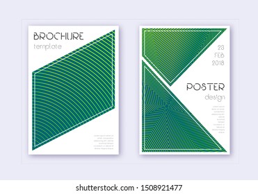Triangle cover design template set. Green abstract lines on dark background. Ideal cover design. Exotic catalog, poster, book template etc.