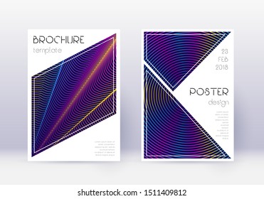 Triangle cover design template set. Rainbow abstract lines on dark blue background. Imaginative cover design. Gorgeous catalog, poster, book template etc.