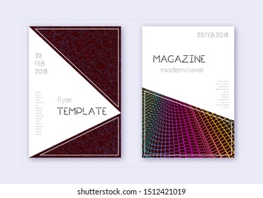 Triangle cover design template set. Rainbow abstract lines on wine red background. Indelible cover design. Bewitching catalog, poster, book template etc.