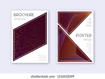 Triangle cover design template set. Orange abstract lines on wine red background. Ideal cover design. Tempting catalog, poster, book template etc.