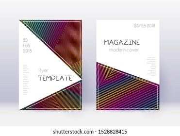 Triangle cover design template set. Rainbow abstract lines on wine red background. Indelible cover design. Exceptional catalog, poster, book template etc.