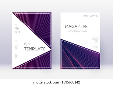 Triangle cover design template set. Violet abstract lines on dark background.  cover design. Trending catalog, poster, book template etc.