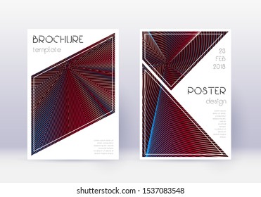 Triangle cover design template set. Red abstract lines on white blue background. Imaginative cover design. Uncommon catalog, poster, book template etc.