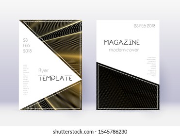 Triangle cover design template set. Gold abstract lines on black background. Impressive cover design. Actual catalog, poster, book template etc.