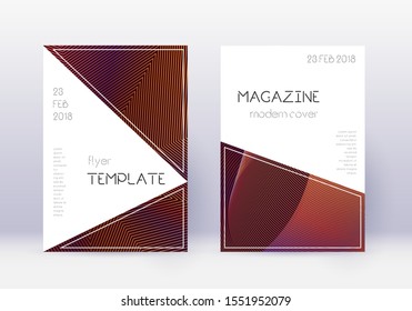 Triangle cover design template set. Orange abstract lines on wine red background. Incredible cover design. Energetic catalog, poster, book template etc.