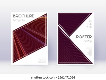 Triangle cover design template set. Orange abstract lines on wine red background. Ideal cover design. Symmetrical catalog, poster, book template etc.