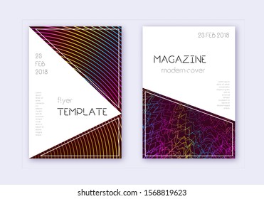 Triangle cover design template set. Rainbow abstract lines on wine red background. Indelible cover design. Excellent catalog, poster, book template etc.