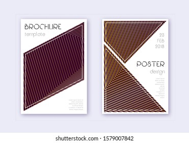 Triangle cover design template set. Gold abstract lines on maroon background. Great cover design. Optimal catalog, poster, book template etc.