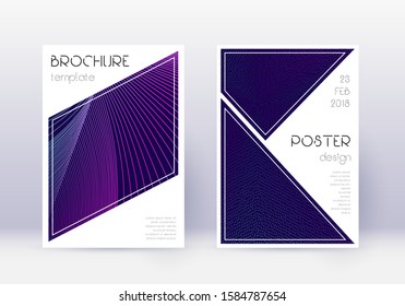 Triangle cover design template set. Neon abstract lines on dark blue background. Ideal cover design. Posh catalog, poster, book template etc.