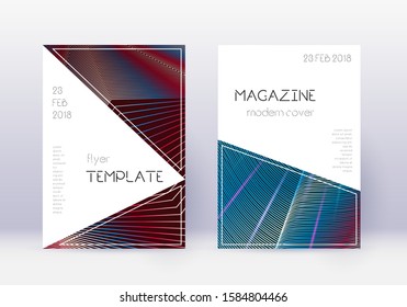 Triangle cover design template set. Red abstract lines on white blue background. Indelible cover design. Incredible catalog, poster, book template etc.