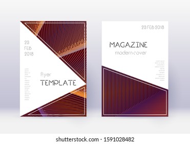 Triangle cover design template set. Orange abstract lines on wine red background. Incredible cover design. Fair catalog, poster, book template etc.