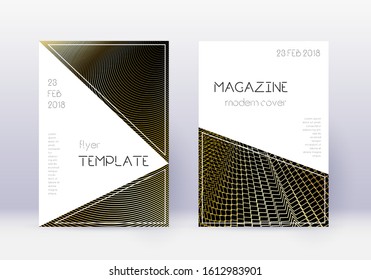 Triangle cover design template set. Gold abstract lines on black background. Immaculate cover design. Ravishing catalog, poster, book template etc.