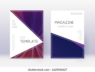 Triangle cover design template set. Violet abstract lines on dark background. Interesting cover design. Awesome catalog, poster, book template etc.