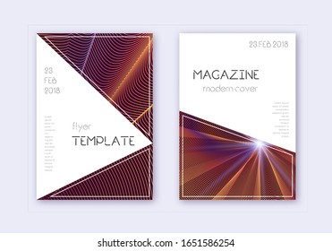 Triangle cover design template set. Orange abstract lines on wine red background. Incredible cover design. Favorable catalog, poster, book template etc.