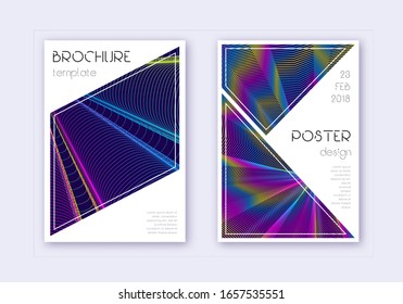 Triangle cover design template set. Rainbow abstract lines on dark blue background. Imaginative cover design. Fine catalog, poster, book template etc.