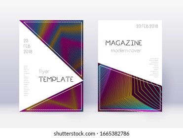 Triangle cover design template set. Rainbow abstract lines on wine red background. Indelible cover design. Bizarre catalog, poster, book template etc.