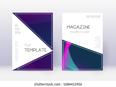 Triangle cover design template set. Neon abstract lines on dark blue background. Incredible cover design. Admirable catalog, poster, book template etc.