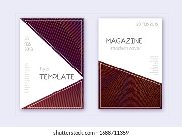 Triangle cover design template set. Orange abstract lines on wine red background. Incredible cover design. Enchanting catalog, poster, book template etc.