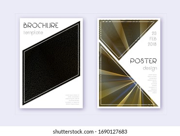 Triangle cover design template set. Gold abstract lines on black background. Great cover design. Immaculate catalog, poster, book template etc.