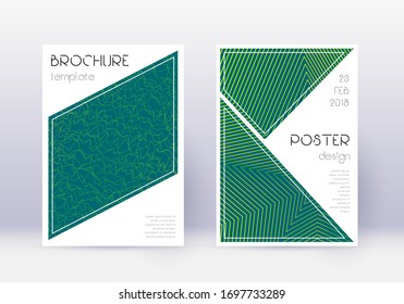 Triangle cover design template set. Green abstract lines on dark background. Ideal cover design. Astonishing catalog, poster, book template etc.