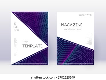 Triangle cover design template set. Neon abstract lines on dark blue background. Impressive cover design. Surprising catalog, poster, book template etc.