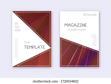 Triangle cover design template set. Orange abstract lines on wine red background. Incredible cover design. Eminent catalog, poster, book template etc.