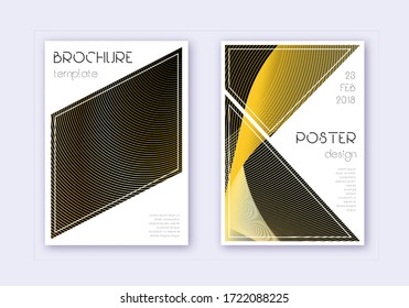 Triangle cover design template set. Gold abstract lines on black background. Great cover design. Dramatic catalog, poster, book template etc.