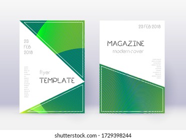 Triangle cover design template set. Green abstract lines on dark background. Impressive cover design. Likable catalog, poster, book template etc.