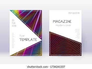 Triangle cover design template set. Rainbow abstract lines on wine red background. Indelible cover design. Attractive catalog, poster, book template etc.