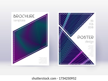 Triangle cover design template set. Neon abstract lines on dark blue background. Ideal cover design. Fresh catalog, poster, book template etc.