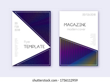 Triangle cover design template set. Rainbow abstract lines on dark blue background. Incredible cover design. Symmetrical catalog, poster, book template etc.