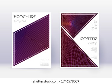 Triangle cover design template set. Violet abstract lines on dark background. Immaculate cover design. Enchanting catalog, poster, book template etc.