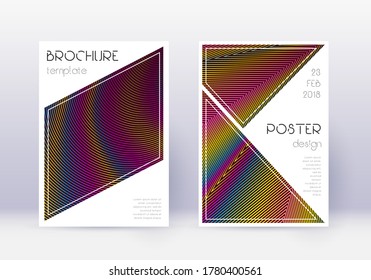 Triangle cover design template set. Rainbow abstract lines on wine red background. Imaginative cover design. Original catalog, poster, book template etc.
