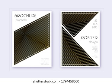 Triangle cover design template set. Gold abstract lines on black background. Great cover design. Extraordinary catalog, poster, book template etc.