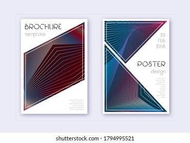 Conjunto de plantillas de diseño de portada triangular. Líneas abstractas de color azul rojo sobre fondo oscuro. Diseño inmaculado de la cubierta. Catálogo deslumbrante, afiche, plantilla de libro, etc.