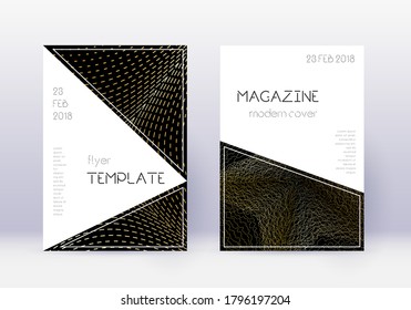 Design-Vorlagensatz für die Dreieck-Abdeckung Goldene abstrakte Linien auf schwarzem Hintergrund. Unberührte Deckengestaltung. Sorgfältig Katalog, Poster, Buchvorlage etc.