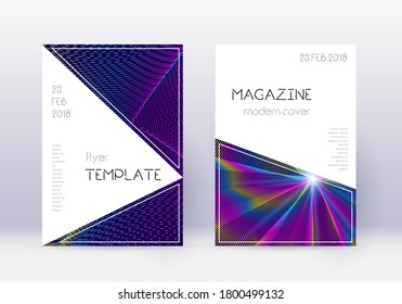Triangle cover design template set. Rainbow abstract lines on dark blue background. Incredible cover design. Wondrous catalog, poster, book template etc.