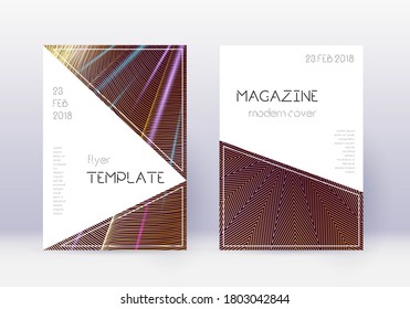Triangle cover design template set. Gold abstract lines on maroon background. Impressive cover design. Extra catalog, poster, book template etc.