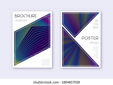 Triangle cover design template set. Rainbow abstract lines on dark blue background. Imaginative cover design. Extraordinary catalog, poster, book template etc.